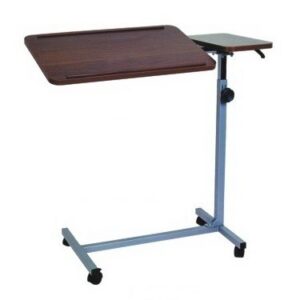 MESA PUENTE CON BANDEJA INCLINABLE CAFE ALTURA AJUSTABLE C/PERILLA BASE H C/4 RUEDAS